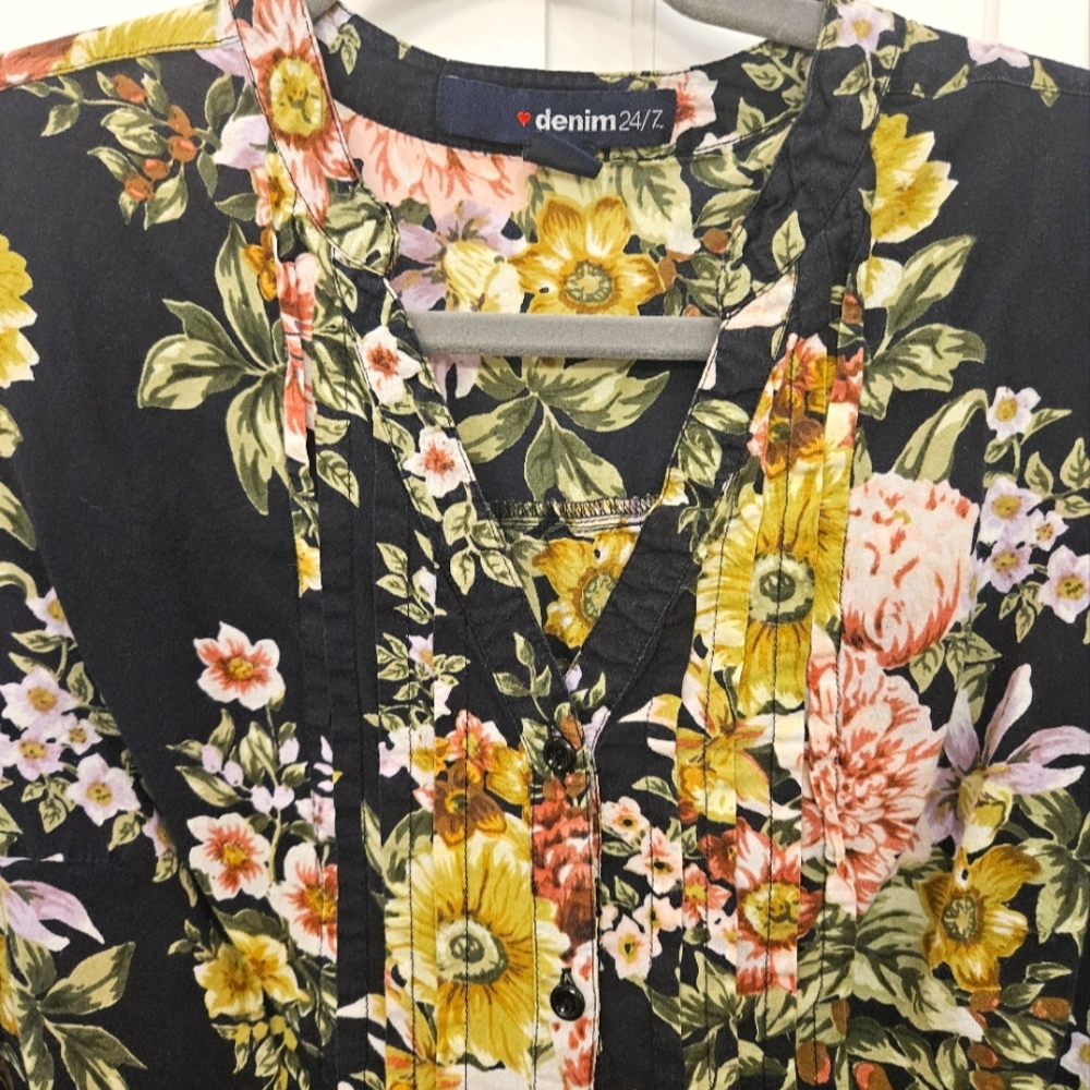 Denim&Co Floral Blouse - Black, Yellow, Pink - Picture 2 of 9